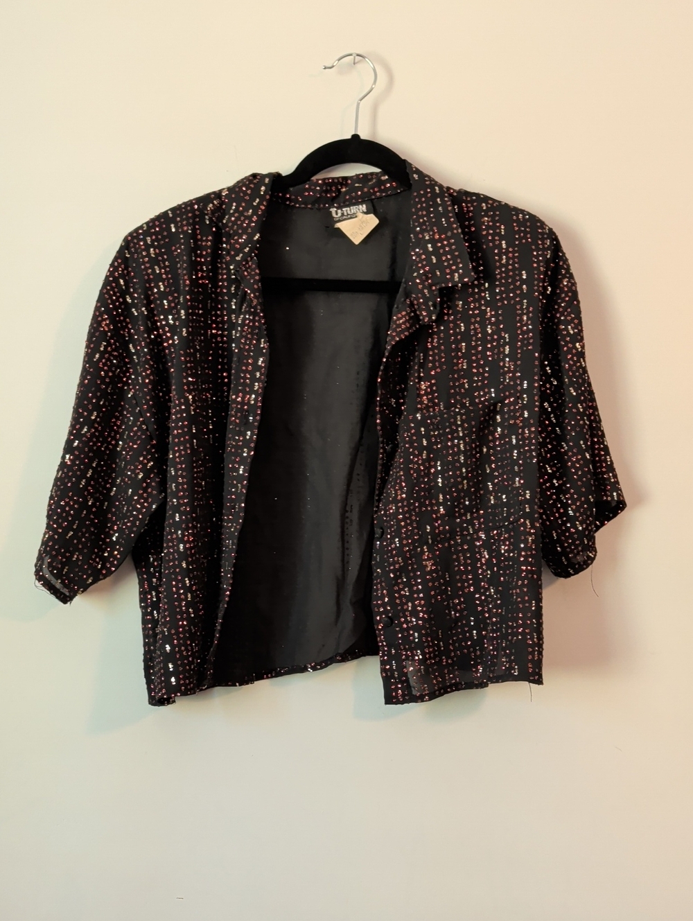Vintage Cropped Black Patterned Button-Up Top with Rose & Silver Dots